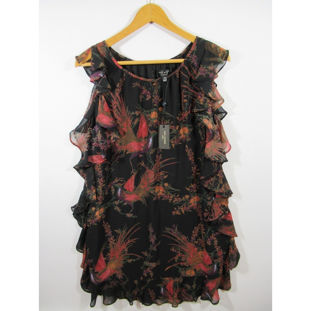 NEW Max Studio Longtail Bird Print Ruffle Dress Women Medium Sleeveless